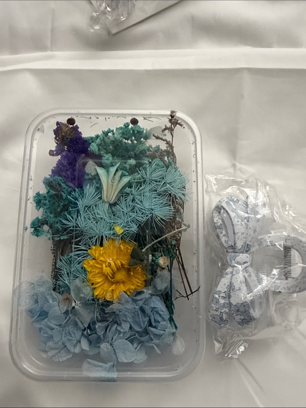 Preserved Floral Arrangement in Blue and Yellow - Home Accent and a hair clip